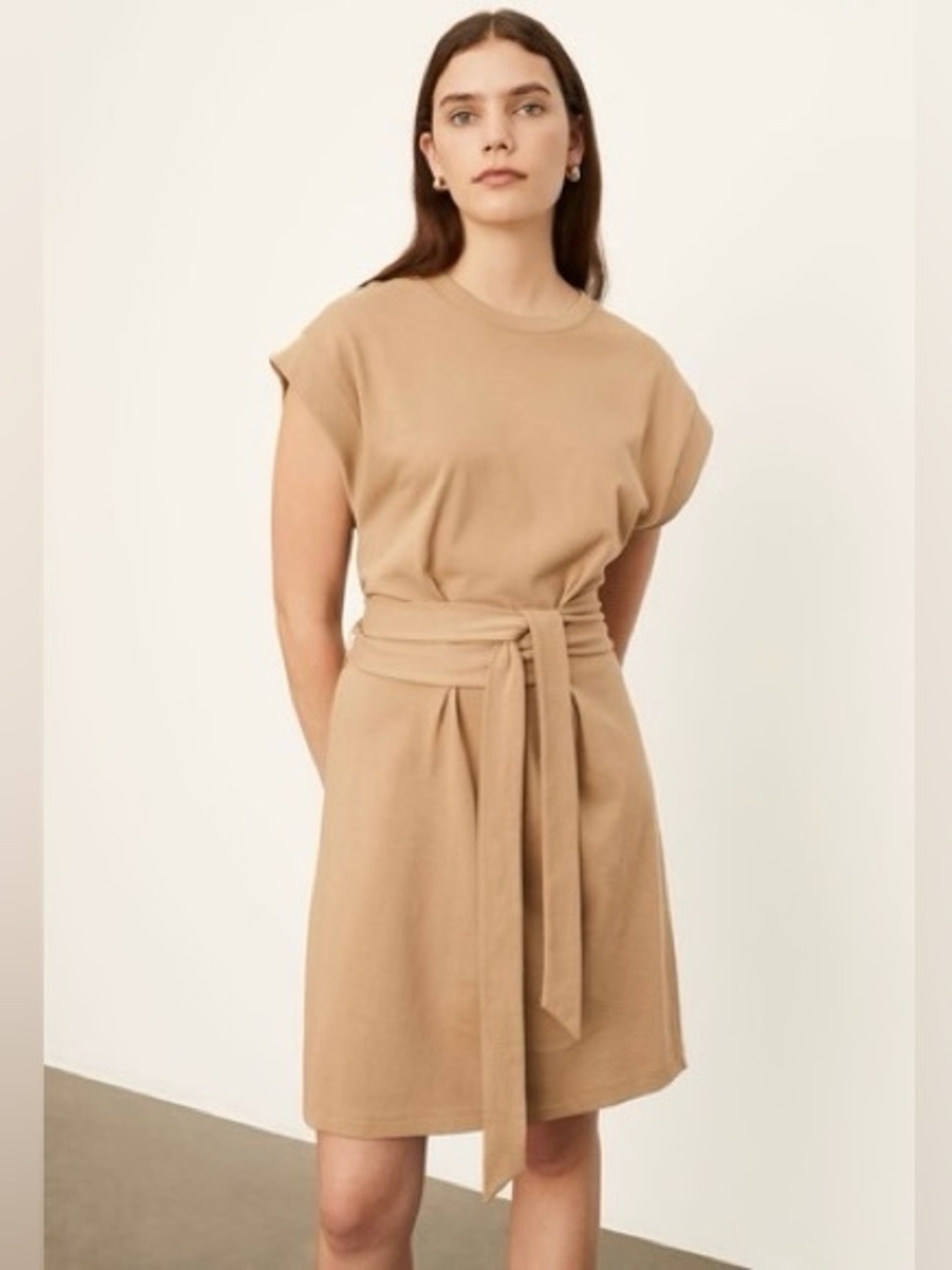 Vince Short Sleeve Tie Waist Cotton Knit Dress Almond Brown NWT Size M